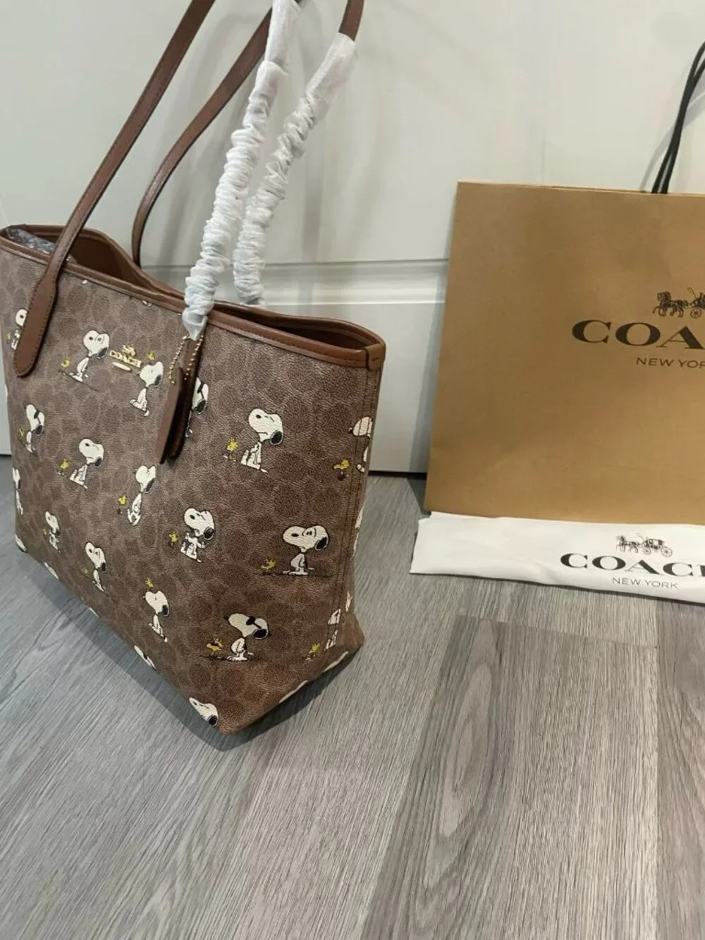 Coach Brown Signature Monogram Snoopy Print Large Shoulder Tote